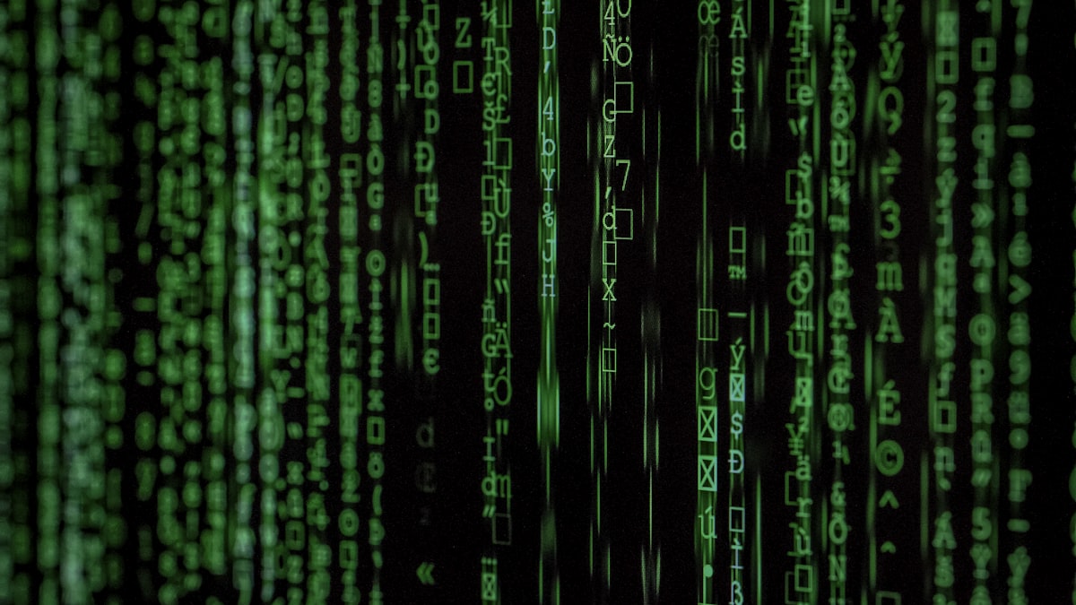 Cascading green symbolic code, representing the symbolic-versus-neural debate in AI